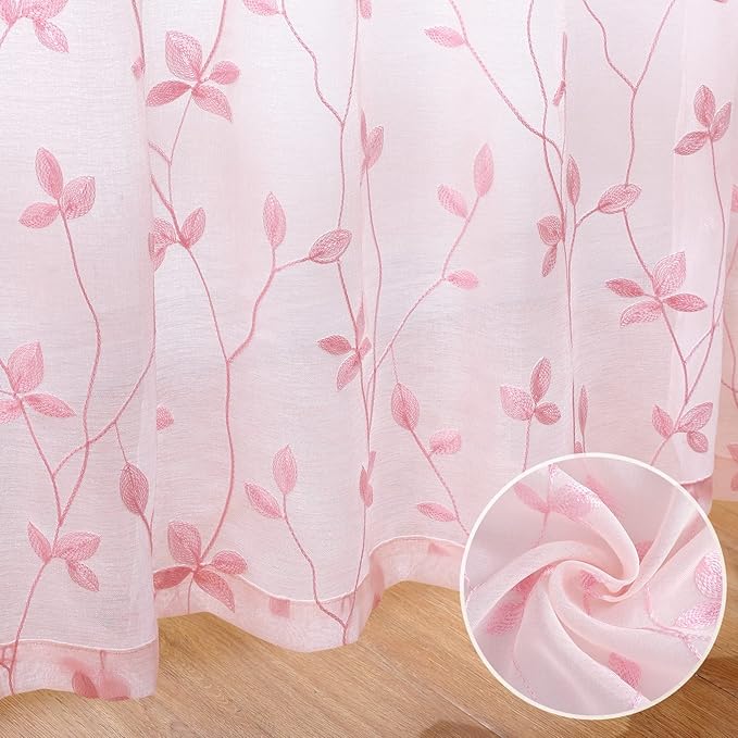 HOMEIDEAS Pink Sheer Curtains 52 X 84 Inches Length 2 Panels Embroidered Vine - Image 3