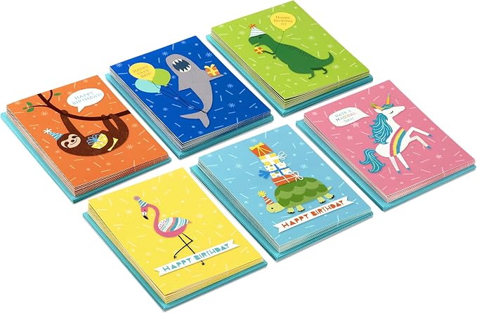 Hallmark Birthday Cards for Kids Assortment, 48 Cards with Envelopes (Dinosaurs, Sloths, Unicorns, Flamingos, Turtles, Sharks) & Birthday Cards Assortment, 24 Cards