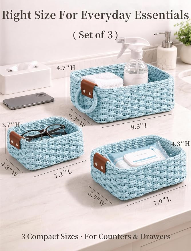 Small Wicker Baskets, 3 PCS Paper Rope Baskets for Shelves, Light | Recycled Small Baskets, 3 Sizes Woven Baskets for Organizing, Decorative Storage Baskets for Bedroom and Bathroom