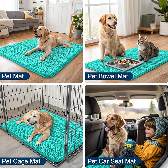 Smiry Dog Door Mat for Muddy Paws 44x32, Absorbent Dirt Trapper, Non-Slip Washable Chenille Entryway Rug for Inside Floor, Teal, Classic Solid