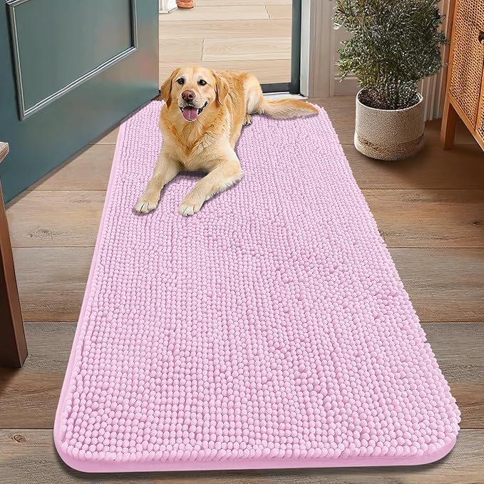 Smiry Dog Door Mat for Muddy Paws 48x30, Absorbent Dirt Trapper, Non-Slip Washable Chenille Entryway Rug for Inside Floor, Pink, Classic Solid