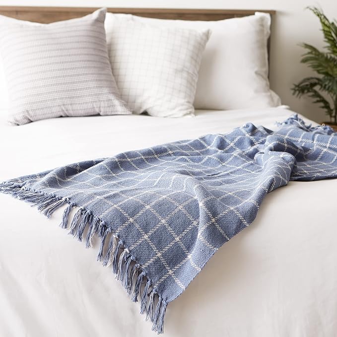 DII Transitional Checked Plaid Woven Throw, 50x60, Stonewash Blue