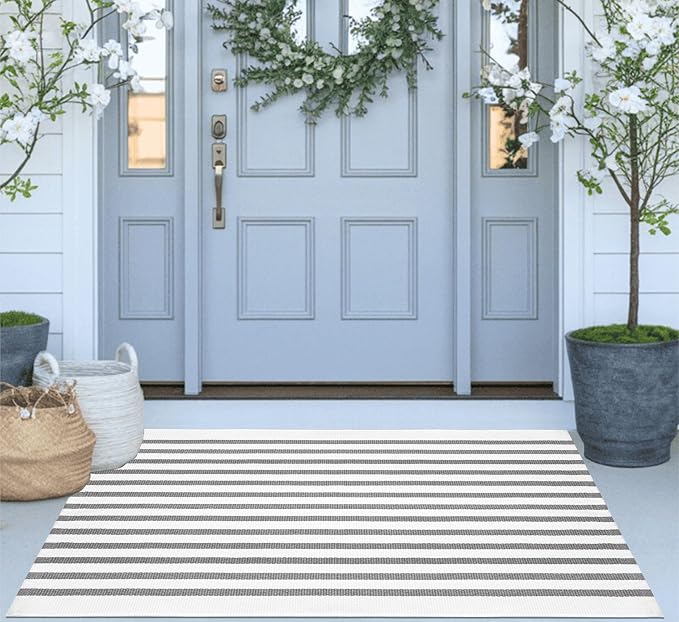 Striped Outdoor Porch Rug 27.5"x43",Farmhouse Grey and White Layered Doormat Cotton Woven Washable Entryway Rug Indoor Outdoor Front Door Mat for Porch/Entryway/Home Entrance Decor