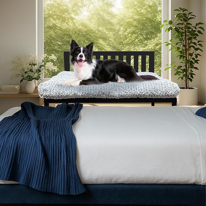 Beside Dog Bed,Adjustable Height Dog Bunk Beds,25.5‘’x18‘’Metal Dogs Bed Frame with Cushion (Large)