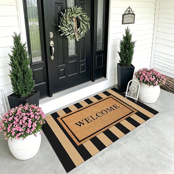 KOZYFLY Striped Rug 3x5 ft Front Door Rugs Cotton Woven Washable Indoor Outdoor Rug Brown Black Entrance Doormat for Front Porch Kitchen Patio Decor Outdoor Mat