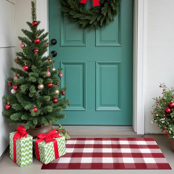 27.5"x43" Outdoor Rug, Red and White Front Door Mat, Cotton Woven Entryway Rug, Washable Layering Rug for Front Porch Christmas Outdoor Decor