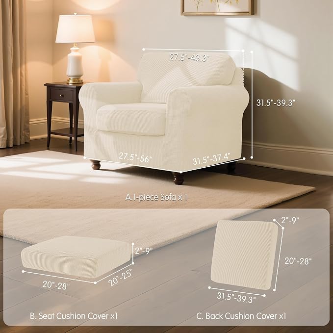 SUBRTEX 3 Pieces Stretch Sofa Slipcover Sets Couch Cover Sets Backrest Cushion Covers Furniture Protector Collection Set for Oversize Sofa Loveseat Chair Slip Covers(Small, Ivory)