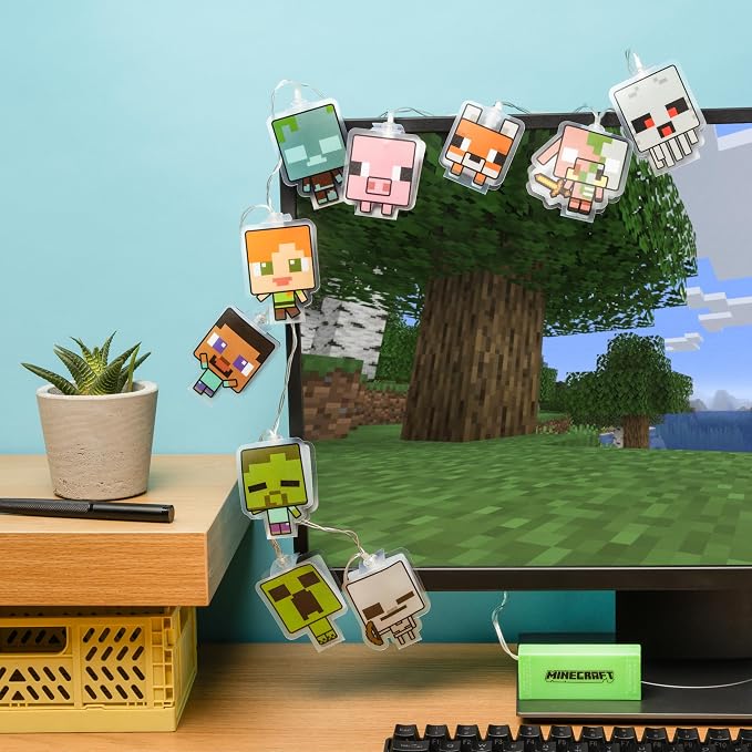 Paladone Minecraft String Lights with 10 LED Characters Including Creeper, Steve, Piglin and More, Officially Licensed Battery Powered Bedroom Décor for Boys, Girls, Teenagers, Kids, Gift for Gamers