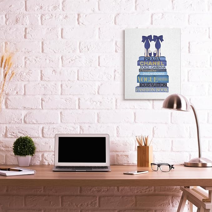 'Blue Bow Heels on Bookstack'| Canvas Art | Stupell Industries | 24 x 30 Inches, Easy to Hang and Sturdy, Made in USA, by Amanda Greenwood