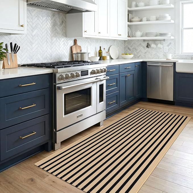 KOZYFLY 3'x5' Cotton Area Rug, Brown and Black Striped Outdoor Rug, Hand-Woven, Machine Washable, Perfect for Front Door, Kitchen, Living Room