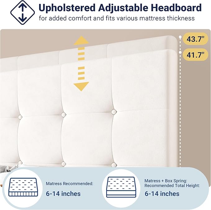 Allewie Upholstered Full Size Platform Bed Frame with 4 Storage Drawers and Adjustable Headboard, Square Button Tufted, Wooden Slats Support, Noise-Free, No Box Spring Needed, Easy Assembly, White