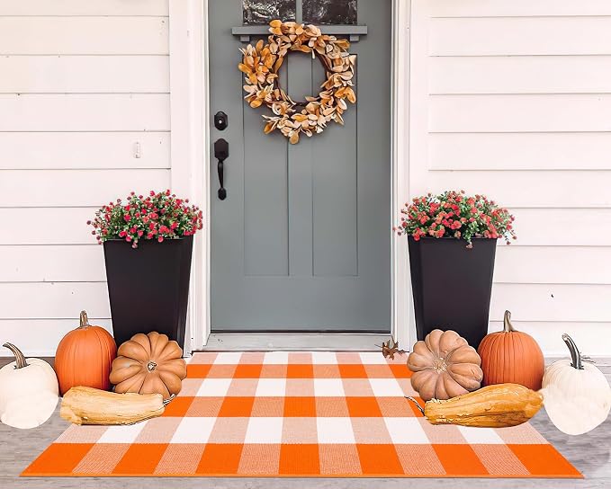 Orange and White Outdoor Rug 24'' x 51'',Halloween Front Porch Rug Fall Cotton Woven Washable Layering Rug for Porch,Entryway,Hallway Indoor Outdoor