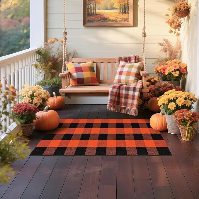 Buffalo Plaid Outdoor Rug Orange and Black 2x4.3 Cotton Woven Checkered Rug Washable Halloween Front Porch Rug Layered Fall Outdoor Mats for Front Door Autumn Farmhouse Entryway Patio Decor