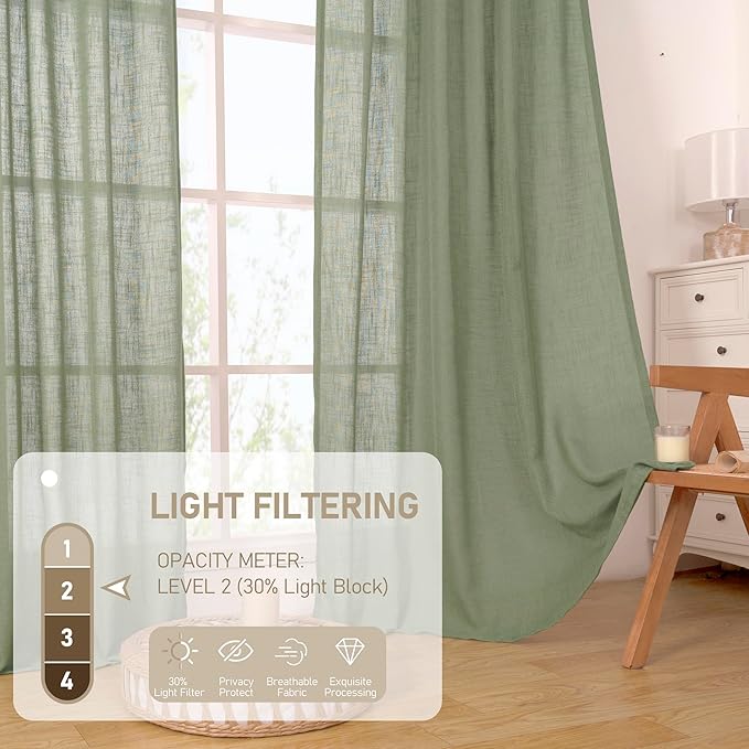 LAMIT Sage Green Linen Curtains 24 Inch Length, Semi Sheer Light Filtering Window Panels Back Tab and Rod Pocket Drapes for Basement/Small Windows, 25 x 24 Inch, 2 Panels