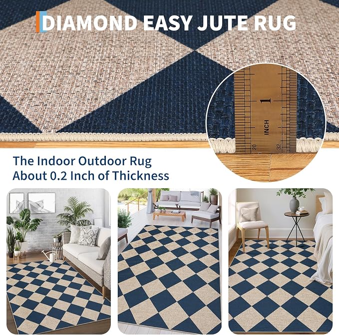 GarveeHome Easy Jute Area Rugs 6x9 for Living Room Non-Slip Backing Checkered Rugs Machine Washable Modern Indoor Outdoor Carpets for Dining Room Nursery Patio Bedroom Backyard Camping Navy Blue