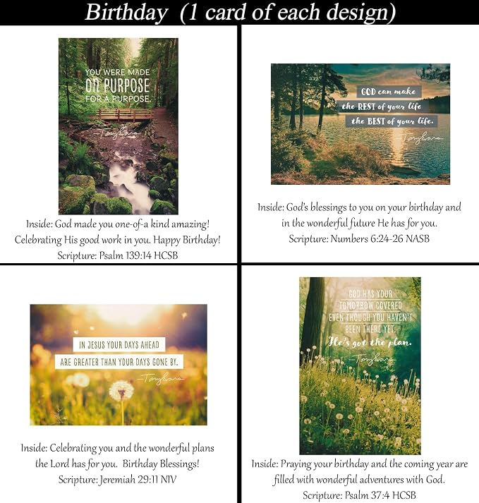Birthday Cards ~ No Repeated Designs~ 32 Cards and Designs ~ Christian/Religious Greeting Card Assortment #1 ~ Scripture in every card ~ Envelopes Included