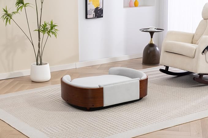 Scandinavian Style Elevated Dog Bed Pet Sofa with Solid Wood Legs and Bent Wood Back, Velvet Cushion, Large Size, Walnut Frame & Beige Cushion