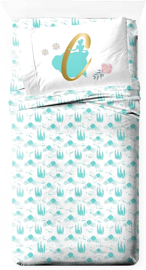 Jay Franco Kids Sheet Set with Fitted, Flat Sheets & Pillow Cover - Ultra-Soft Bedding with Pillowcase for Room Decor, Blue - Princess Cinderella, 3 Piece Twin