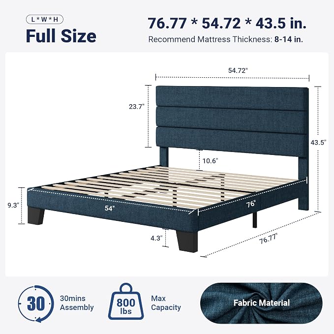 Allewie Full Size Platform Bed Frame with Fabric Upholstered Headboard Blue | Wooden Slats Support, Fully Upholstered Mattress Foundation, No Box Spring Needed, Easy Assembly, Noise-Free, Blue