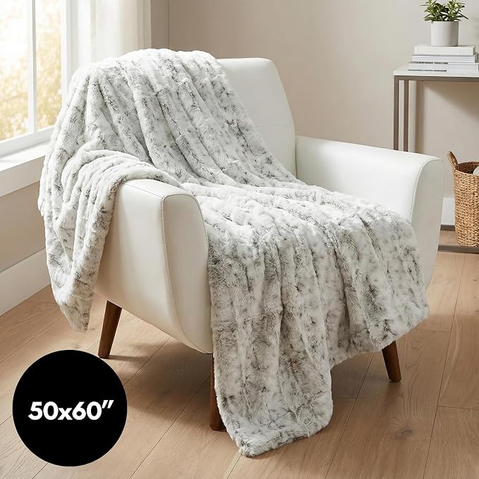 Americanflat Faux Fur Throw Blanket - Luxury 50x60 Extra Soft Plush Snow Leopard Fur, Reversible & Machine Washable Cozy Throw for Bed, Couch, Sofa, or Living Room Decor - Gray and White