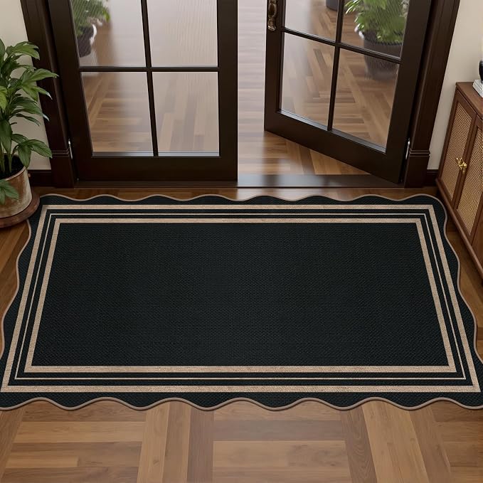 Scalloped Easy Jute Black Rug, 2x4 Front Door Washable Door Mat Non Slip Small Kitchen Area Rug, Farmhouse Low Pile Floor Rugs for Entryway Porch Doorway