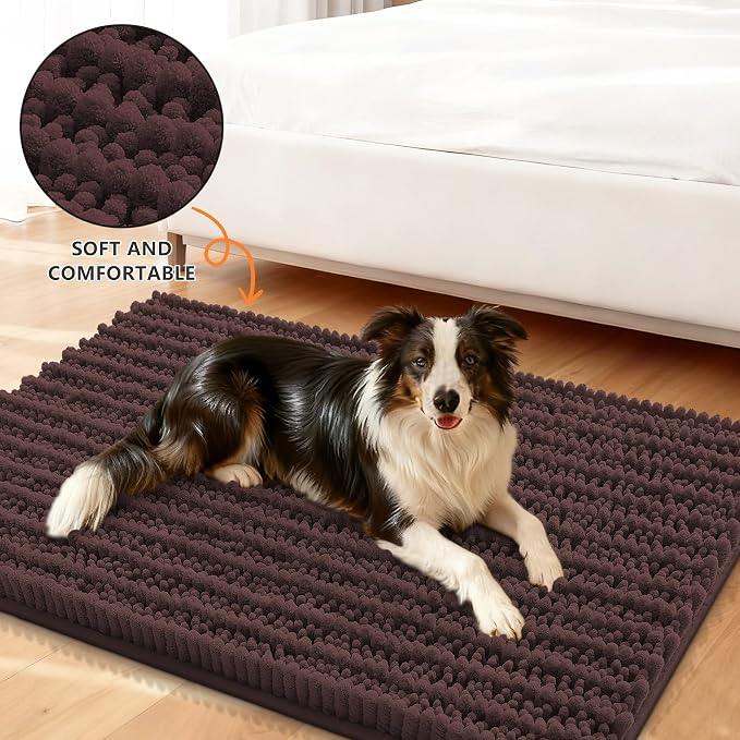 Smiry Dog Door Mat for Muddy Paws 44x24, Absorbent Dirt Trapper, Non-Slip Washable Chenille Entryway Rug for Inside Floor, Brown, Layered Pattern