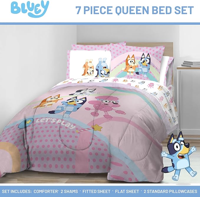 Bluey Bingo Queen Comforter Set 7 Piece Kids Bedding for Girls, Pink | Bed in a Bag, Comforter Sheets Shams Pillowcases, Official Brand, Soft Microfiber, Machine Washable, Girls Gift