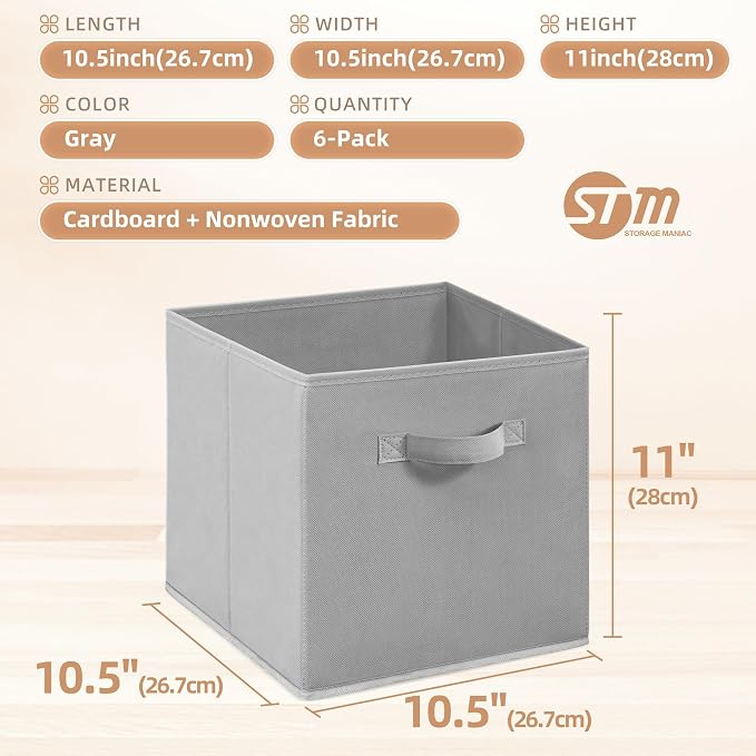 Storage Cubes - STORAGE MANIAC, 11 Inch Collapsible Storage Bins with Handles, 6 Pack Fabric Foldable Bins for Organization, Durable Storage Bins for Closet, Shelves, Offices, Toys, Grey