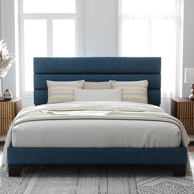 Allewie King Size Platform Bed Frame with Fabric Upholstered Headboard Blue | Wooden Slats Support, Fully Upholstered Mattress Foundation, No Box Spring Needed, Easy Assembly, Noise-Free, Blue
