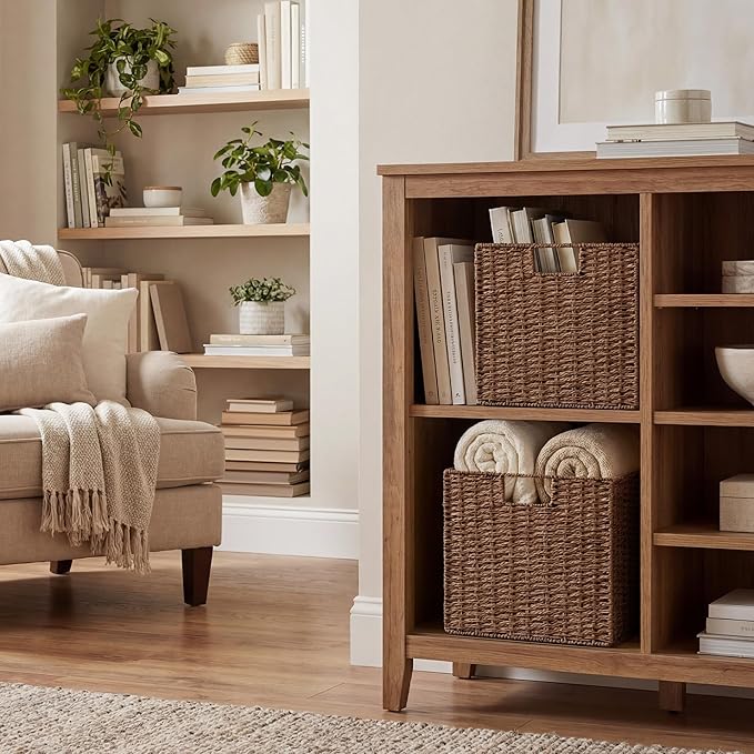 StorageWorks 13 inch Cube Storage Bins,Wicker Baskets for Storage,Brown | 2-Pack,Foldable Square Baskets,Wicker Storage Baskets for Organizing,Paper Rope Square Storage Cubes,Cube Storage Bins