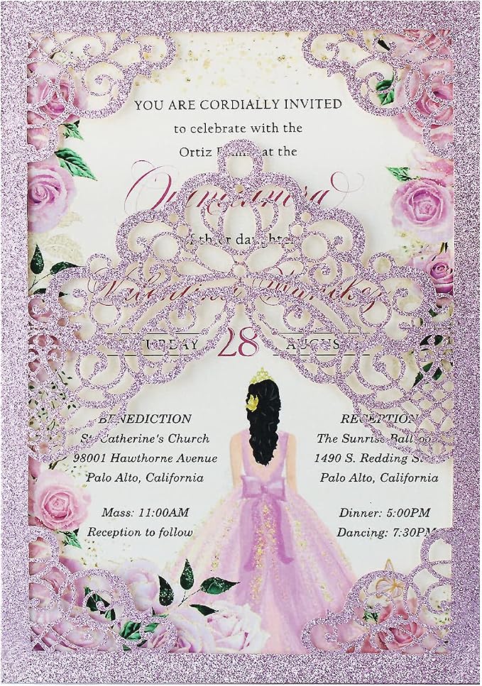 Hosmsua 50PCS Personalized Purple Glitter Quinceanera Invitations Kit 5.1x7.3 Inch Laser Cut Floral Crown Pocket Quinceanera Invitation Cards with Envelopes for Birthday Quince Invitation