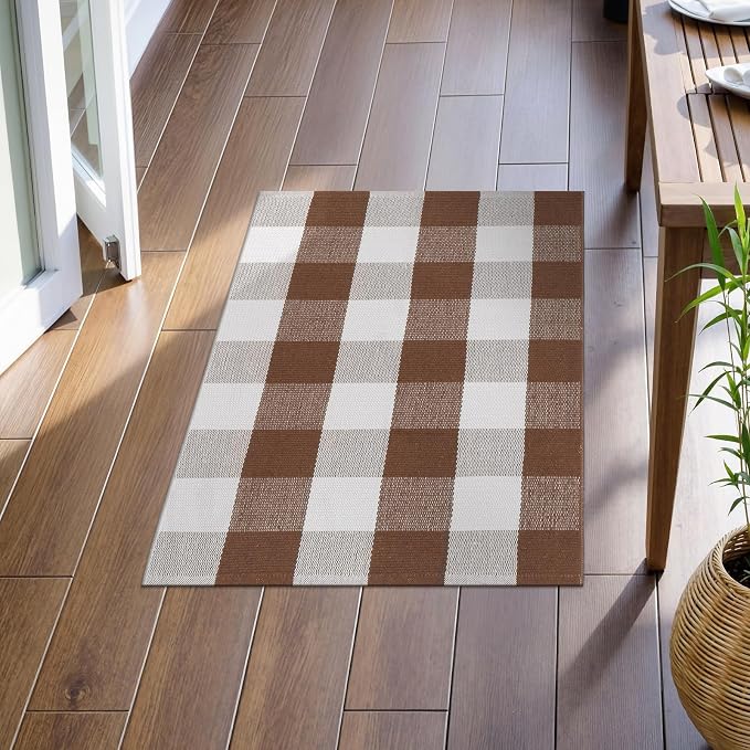 Collive Buffalo Plaid Checkered Outdoor Rug, Fall Autumn Decor Door Mat, 2x3 Coffee and White Doormat Washable Front Porch Rugs, Layered Welcome Front Door Mat Outside Entrance Kitchen Bathroom