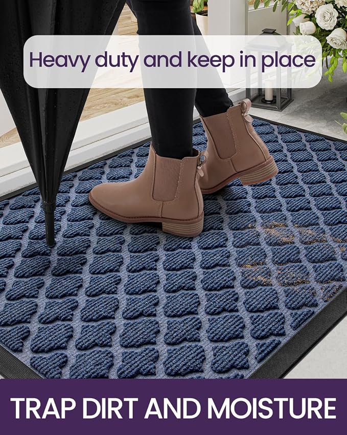 DEXI Front Door Mat Outside Entrance, 27.5x59 Heavy Duty Entry Doormat Dirt Trapper with Rubber Back, Non Slip Low Profile Floor Mats for Entryway Exterior Patio, Floral Blue