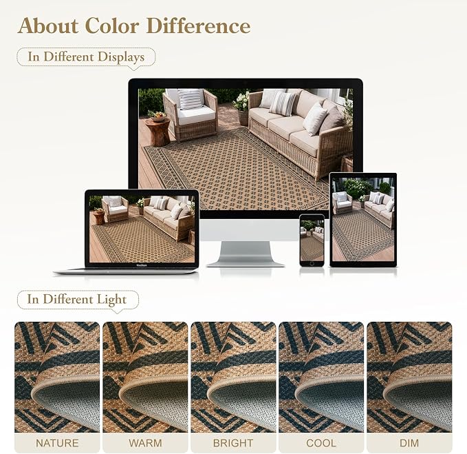 LIVEBOX Easy Jute Indoor Outdoor Rug 5x7, Black Washable Rugs for Living Room Bedroom, Non Slip Outdoor Area Rug for Patio Backyard, Farmhouse Neutral Carpet Floor Mat for Dining Room Deck Porch