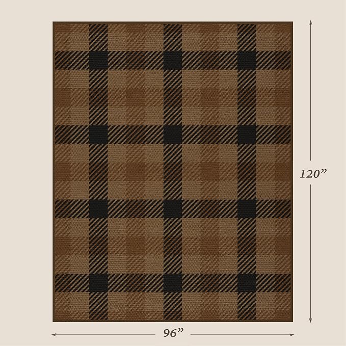 JTJ Brown Large Checkered Area Rug for Living Room - Washable 8x10 Easy Jute Plaid Rug for Dining Room Under Table, Black Striped Outdoor Porch Mat, Non Slip Foldable Neutral Earthy Rustic Décor
