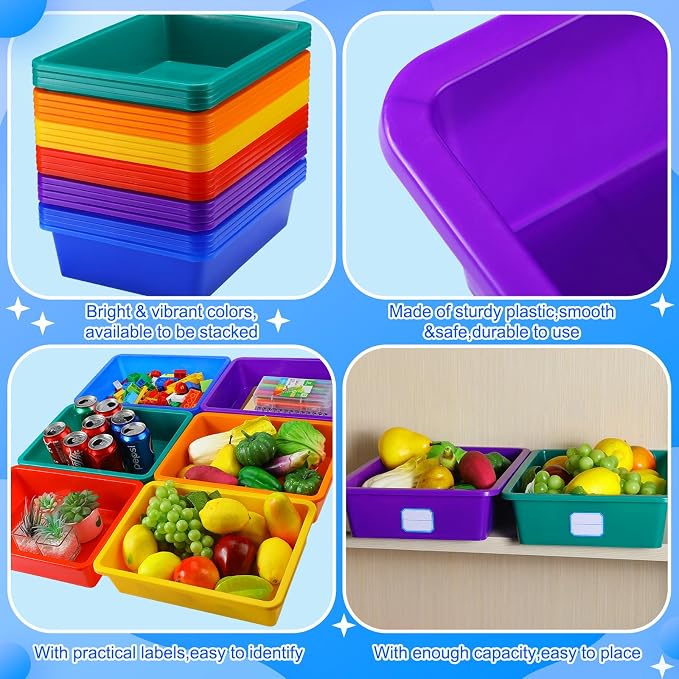 Hoolerry 24 Pack Classroom Cubby Storage Bins Plastic Stackable Storage Bins with Labels Cubby Organizer Containers for Classroom School Toy Book Organization(14 x 10 x 3 Inch,Colorful)
