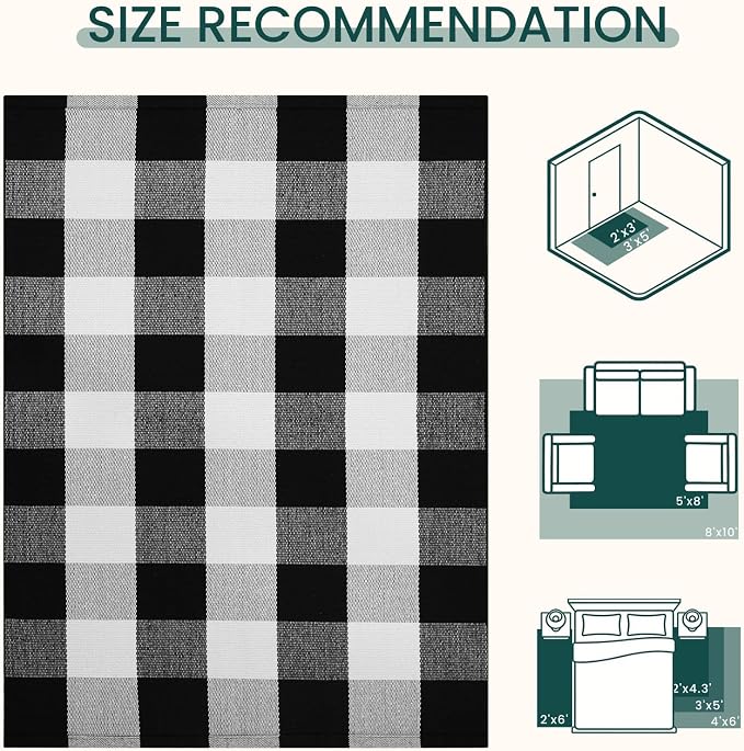 KOZYFLY Buffalo Plaid Area Rug 5x8 Living Room Rug Washable Cotton Black and White Checkered Rugs Outdoor Carpet for Dining Room Bedroom Farmhouse Patio Rugs