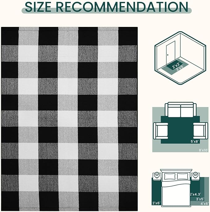 KOZYFLY Buffalo Plaid Area Rugs 2x3 Ft Black and White Checkered Rug Washable Front Door Mat Hand Woven Cotton Outdoor Rug Small Rug for Front Porch Kitchen Entryway Patio Bathroom