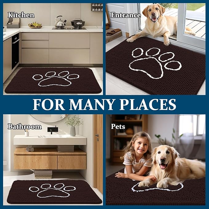OLANLY Dog Door Mat for Muddy Paws 47x24, Paw Print Design, Absorbs Moisture and Dirt, Absorbent Non-Slip Washable Doormat, Quick Dry Chenille Mud Mat for Dogs, Entry Indoor Entryway Carpet, Brown