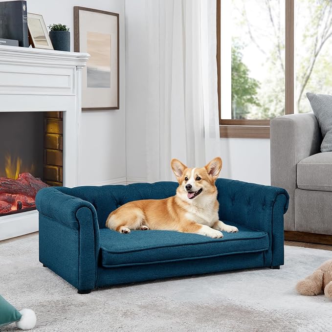 Dog Sofa for Small & Medium Dogs | Removable & Washable | No Assembly Required | Breathable Linen Fabric | Soft Foam Cushion |Floor-friendly sofa legs | Blue
