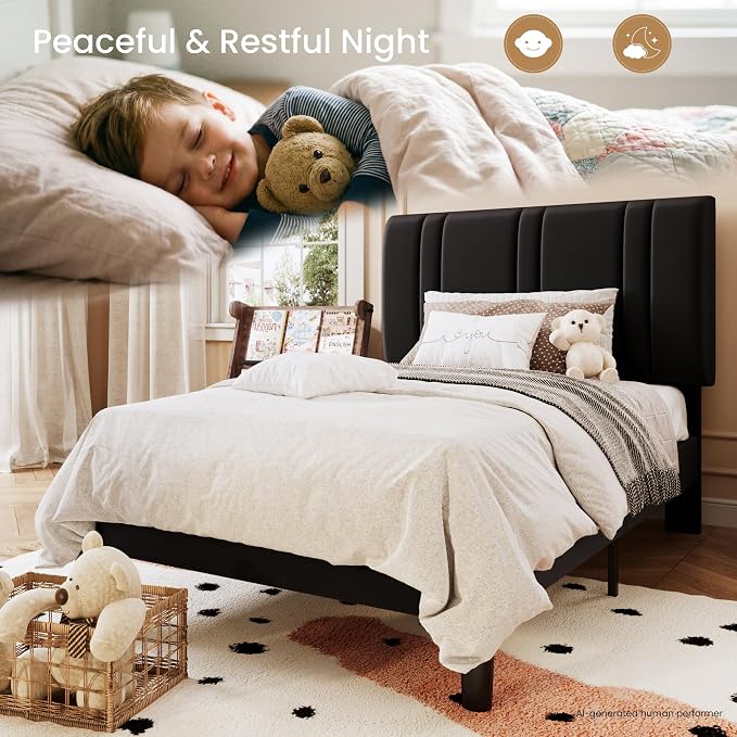 SHA CERLIN Twin Size Velvet Bed Frame with Adjustable Headboard, Black | Vertical Channel Tufted Design, Upholstered Platform Bed, Wood Slats Support/No Box Spring Needed/Easy Assembly
