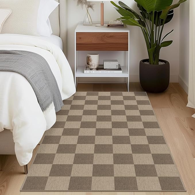 Rugalia Easy Jute Checkered Area Rug, 3x5 Indoor Outdoor Entryway Rug Washable Brown Checkerboard Kitchen Rugs, Non-Slip Modern Farmhouse Throw Carpet for Living Room Patio Kids Room