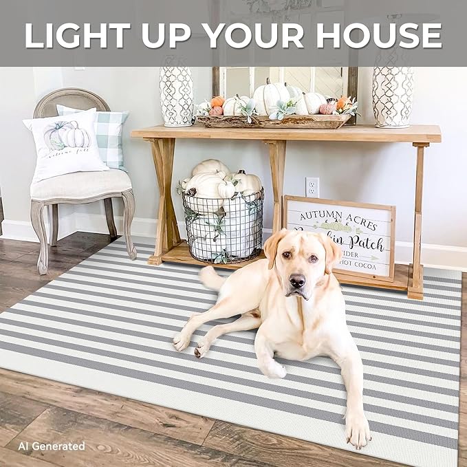 IOHOUZE Striped Area Rug 3'x5' Front Door Rugs Small Washable Area Rug for Front Porch, Spring Summer Welcome Door Mats Outdoor Indoor, Doormat for Entryway Porch Entrance, Grey/White