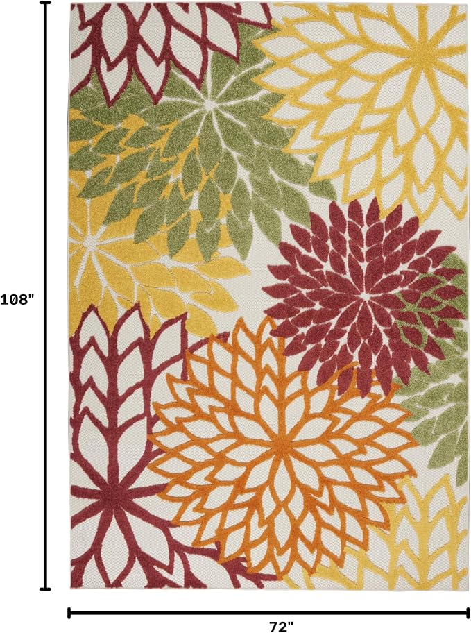 Nourison Home Aloha Indoor/Outdoor Red Multi Colored 6' x 9' Area Rug, Tropical, Botanical, Easy Cleaning, Non Shedding, Bed Room, Living Room, Dining Room, Deck, Backyard, Patio (6x9)