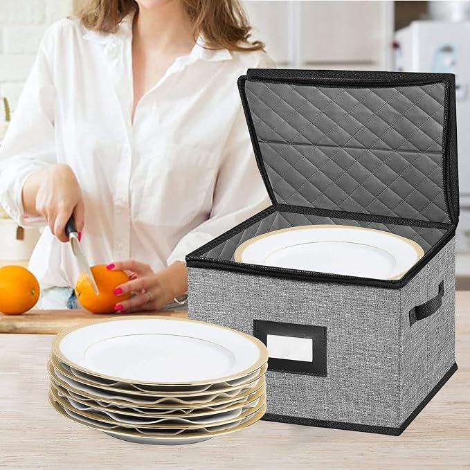 China Storage Containers-4PACK Quilted Dish Storage Containers with Lid Hard Shell for Moving Transport, Dinnerware,Stackable Plate Storage,24 Felt Plate Dividers Included,12 * 12 * 8in | 12*12*8in Dish Storage Containers with Lid Hard Shell for Moving...