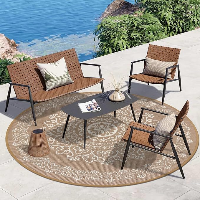 Pauwer Outdoor Rug 8ft, Waterproof Plastic Straw Camping Rug, Floral Brown | Reversible Patio Rug, UV Resistant Indoor Outdoor RV Mat Carpet For Deck, Camper, Porch, Balcony, Backyard, Picnic, Foldable