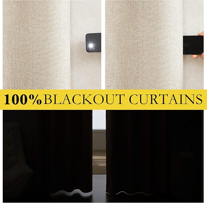 NICETOWN 100% Blackout Linen Texture Curtains 90" Long, Beige, 2 Pcs, Thermal Insulated Full Blackout 2-Layer Lined Drapes, Energy Efficiency Window Draperies for Boy's Room