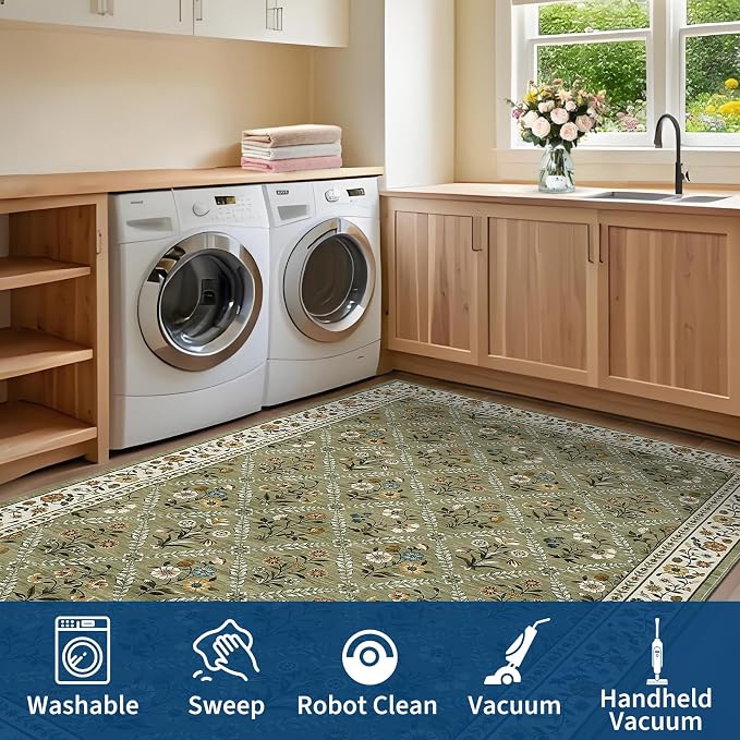 GarveeHome Floral Washable Entryway Rug Non-Slip 2x3 Front Door Mat Vintage Low-Pile Small Area Rugs Soft Non-Slip Indoor Stain Resistant Entry Mat for Entrance Bedroom Bathroom Green