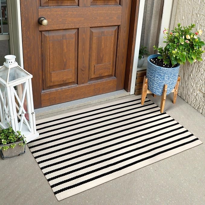 Collive Black and White Striped Door Mat 24"x35", Cotton Hand Woven Welcome Entryway Rug,Washable Small Porch Fall Decor, Welcome Door Mat for Indoor Outdoor Kitchen Farmhouse Entrance