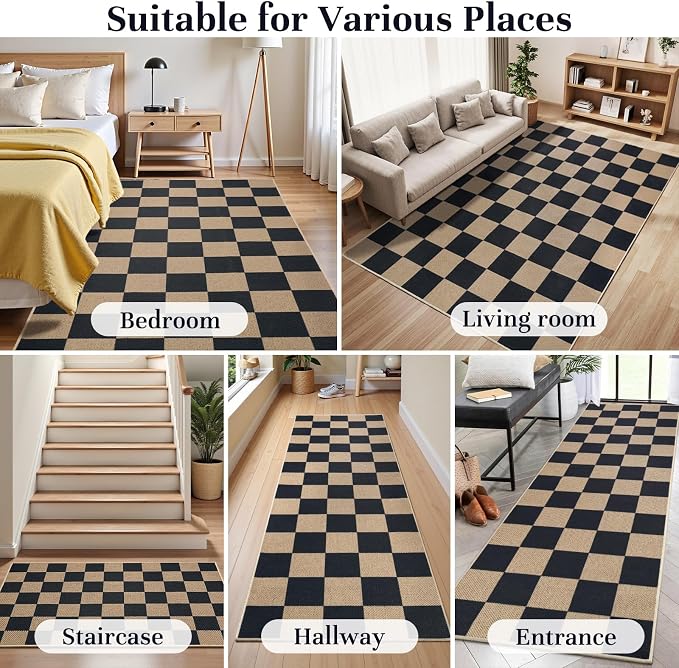 EDIMENS Checkered Easy Jute 2x3 Entryway Rugs Front Door Mat Entry Rug | Non Slip Small Area Rug Kitchen Mat Checkered Rug Farmhouse Low Pile Washable Black Indoor Outdoor Doormat for Porch Doorway